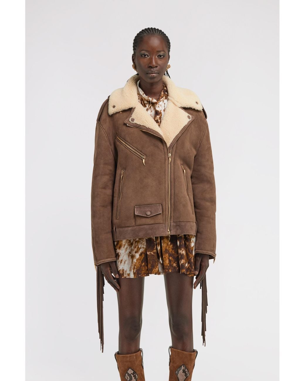 Roberto Cavalli Brown Fringe Biker Jacket