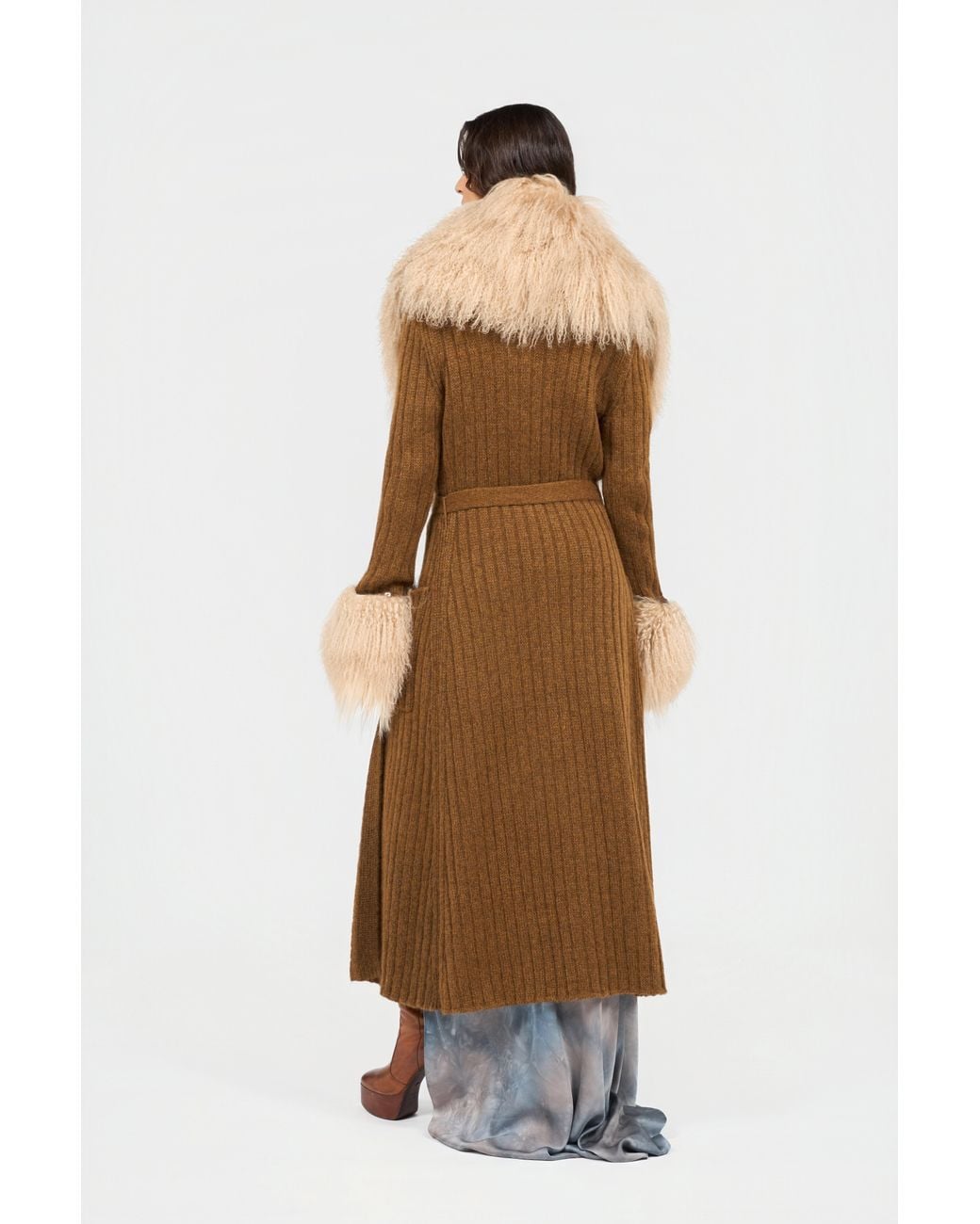 Roberto Cavalli Natural Ribbed Knit Coat With Faux Fur
