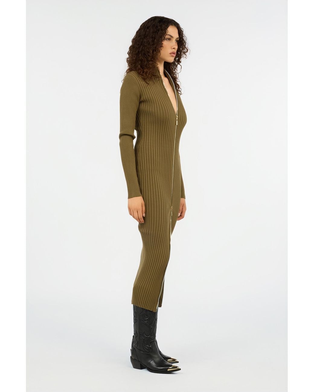Roberto Cavalli Green Ribbed-Knit Zip-Front Midi Dress