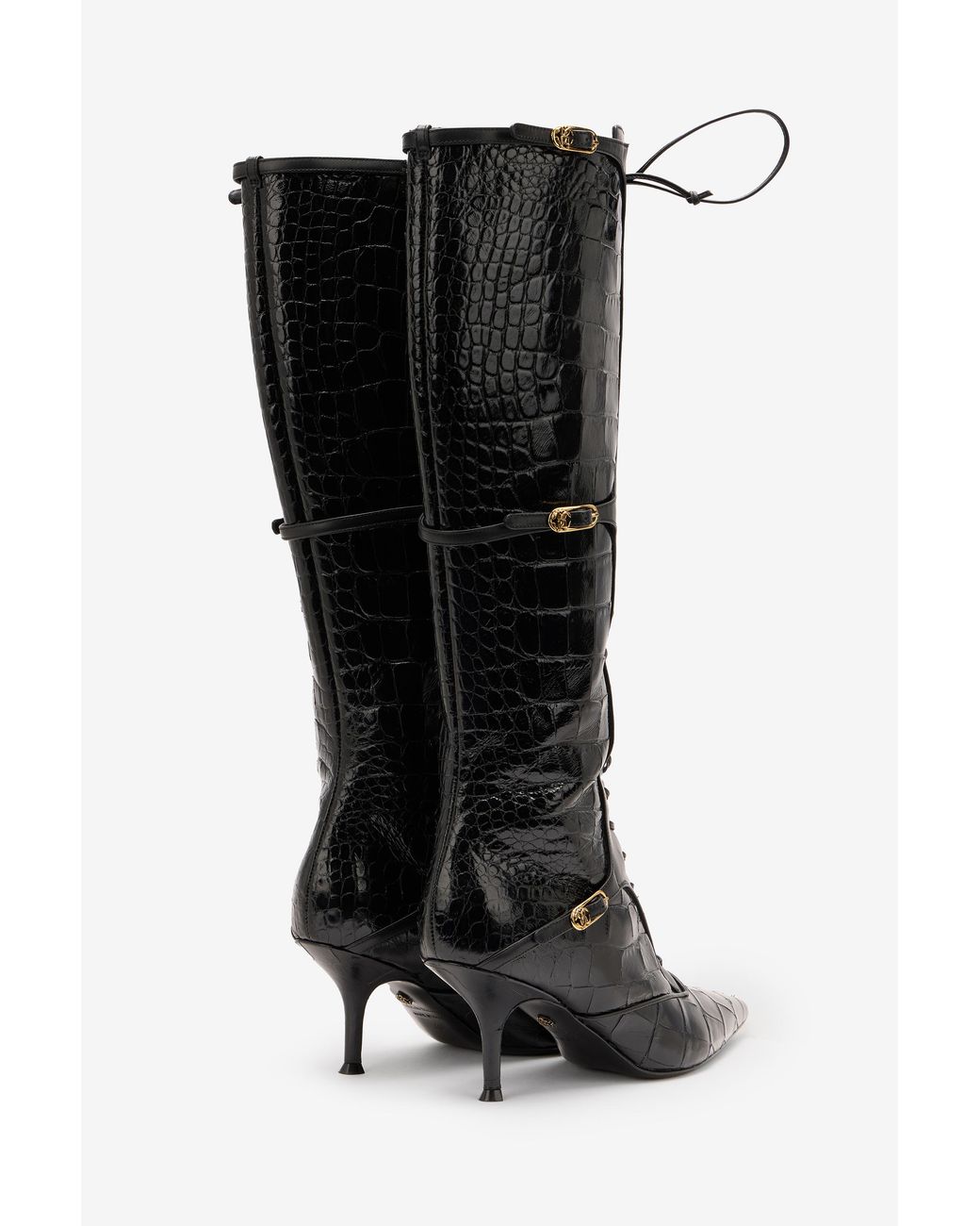 Roberto Cavalli Black Pointed Lace-Up Boots With Crocodile Effect