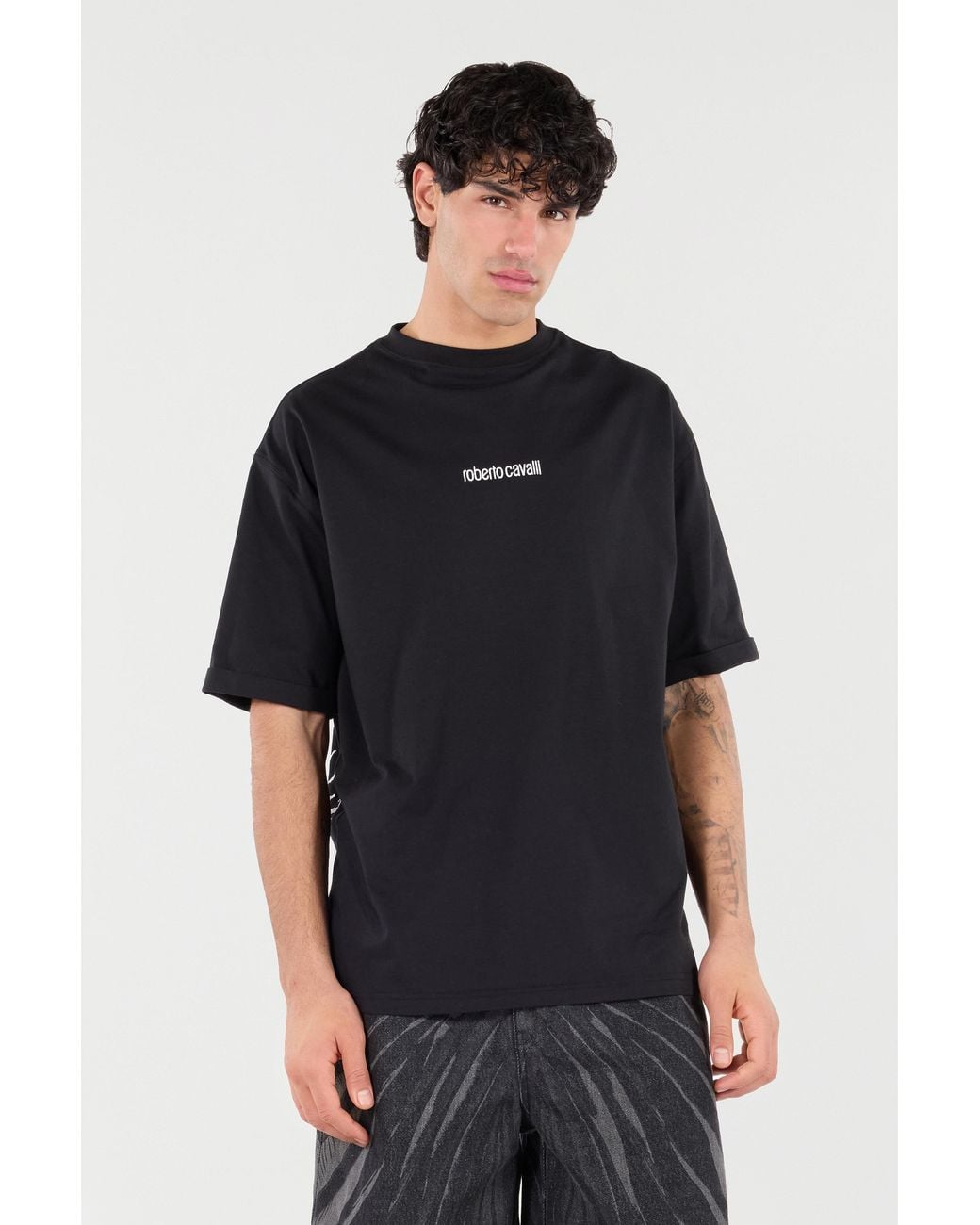 Roberto Cavalli Black Cotton T-Shirt With Tigers And Logo for men