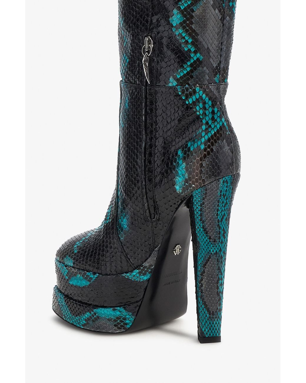 Roberto Cavalli Black Embossed Python Knee-High Boots