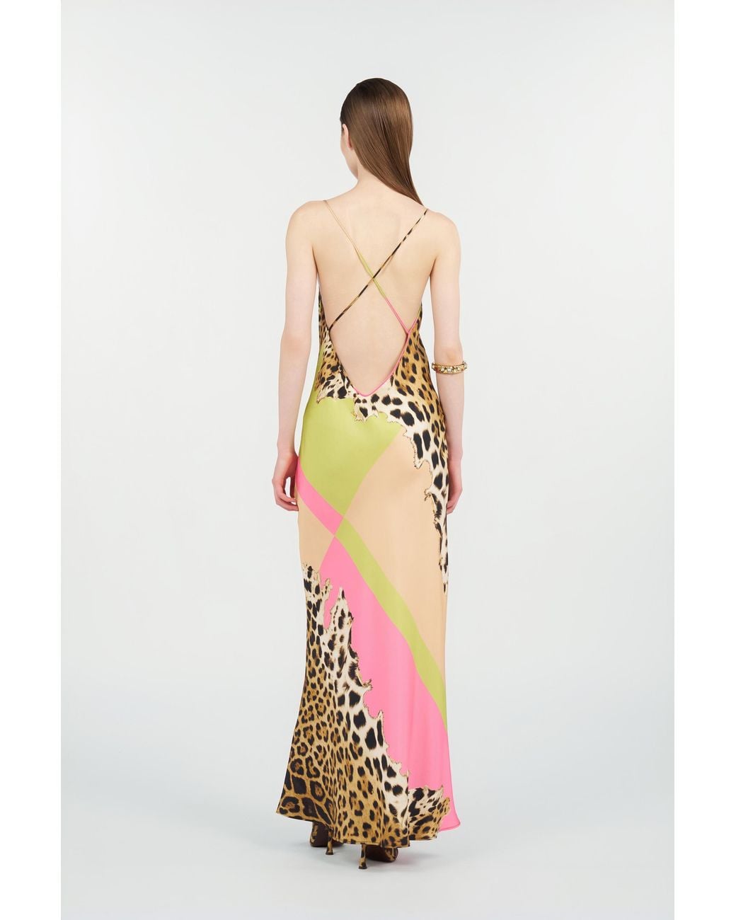 Roberto Cavalli White Long Silk Dress With Cavalli Pop Print