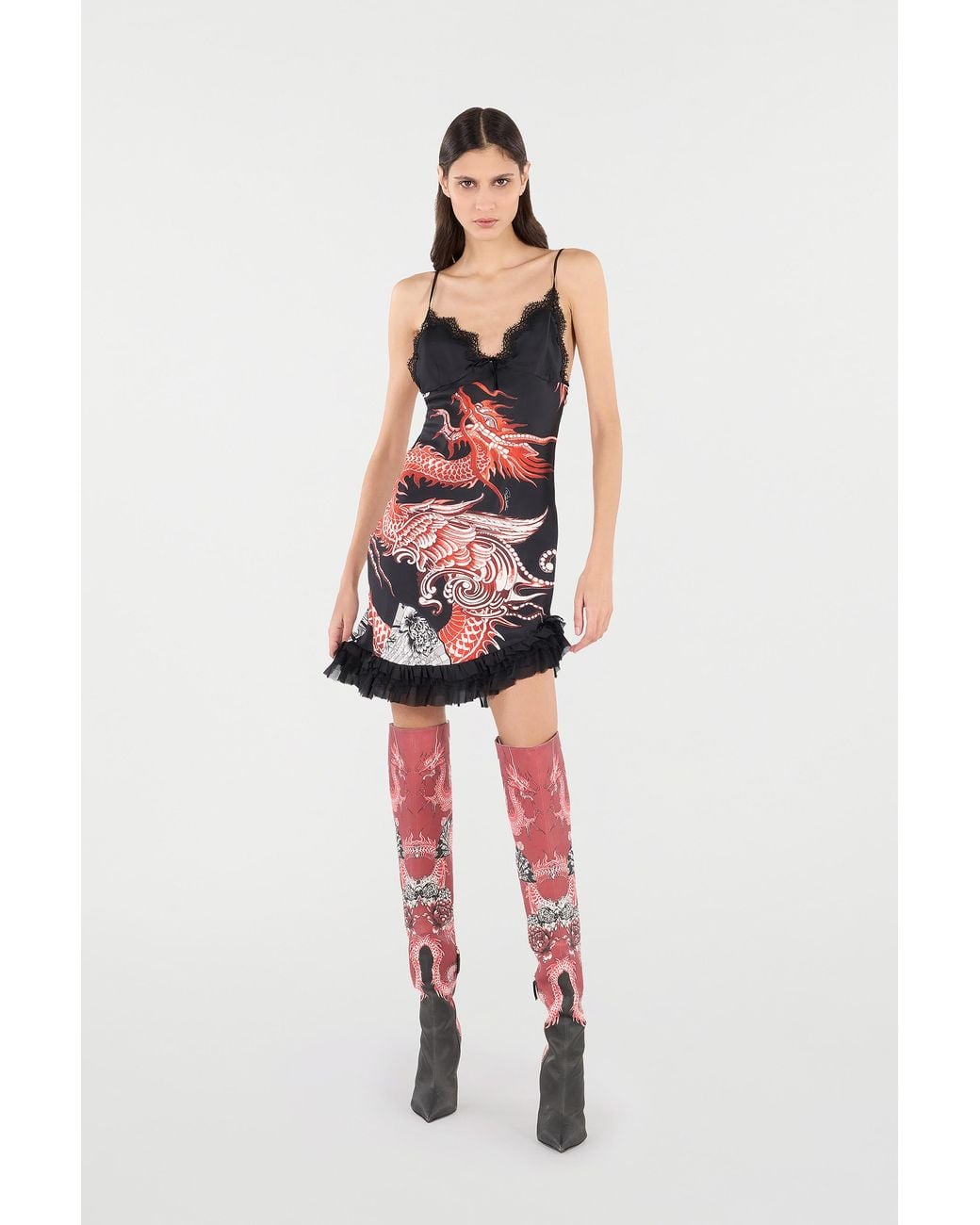 Roberto Cavalli Red Silk Mini Dress With Dragon And Ruches
