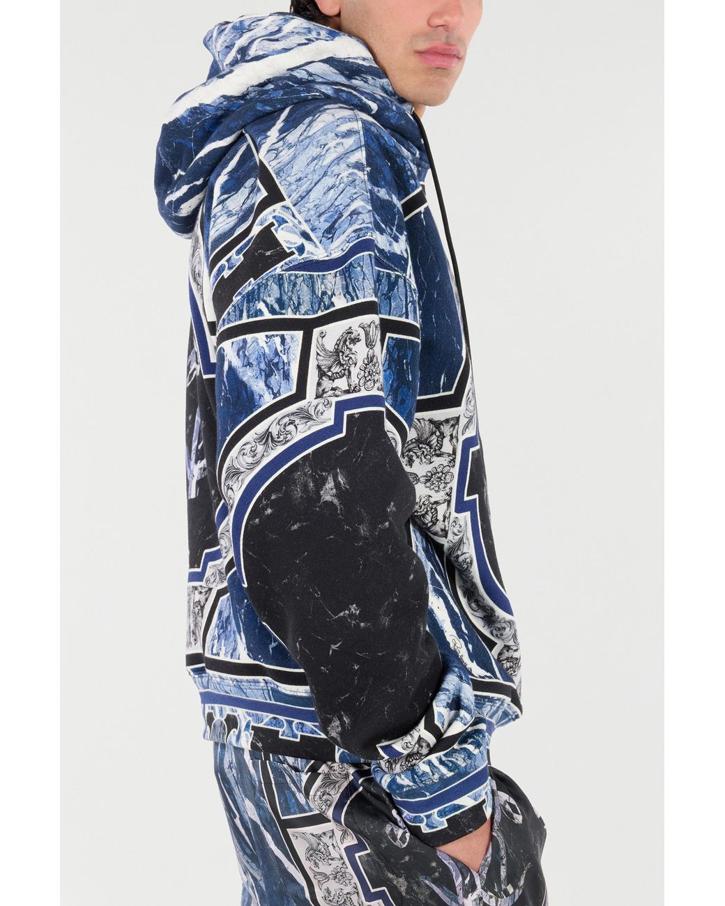 Roberto Cavalli Blue Sweatshirt With Marble Print And Embellishments for men