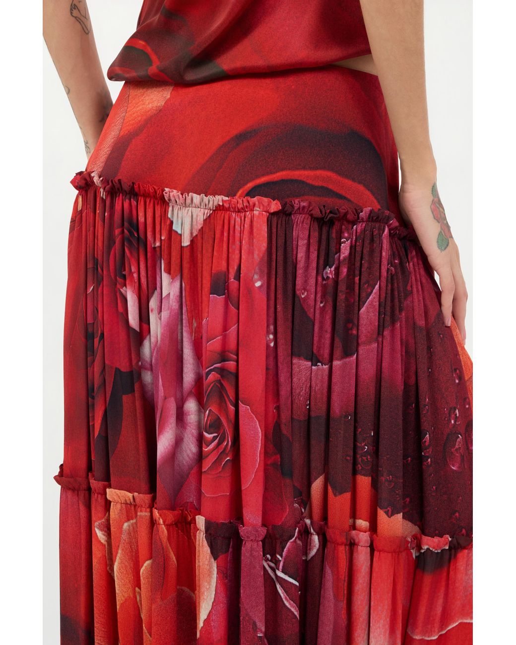 Roberto Cavalli Red Extra-Long Skirt With Garden Rose Print