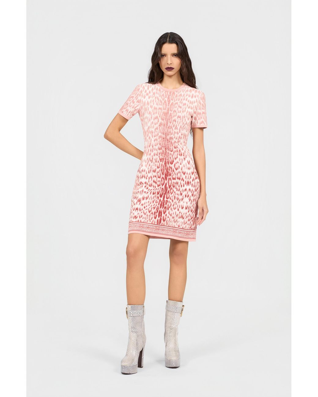 Roberto Cavalli Pink Jaguar Print Midi Dress