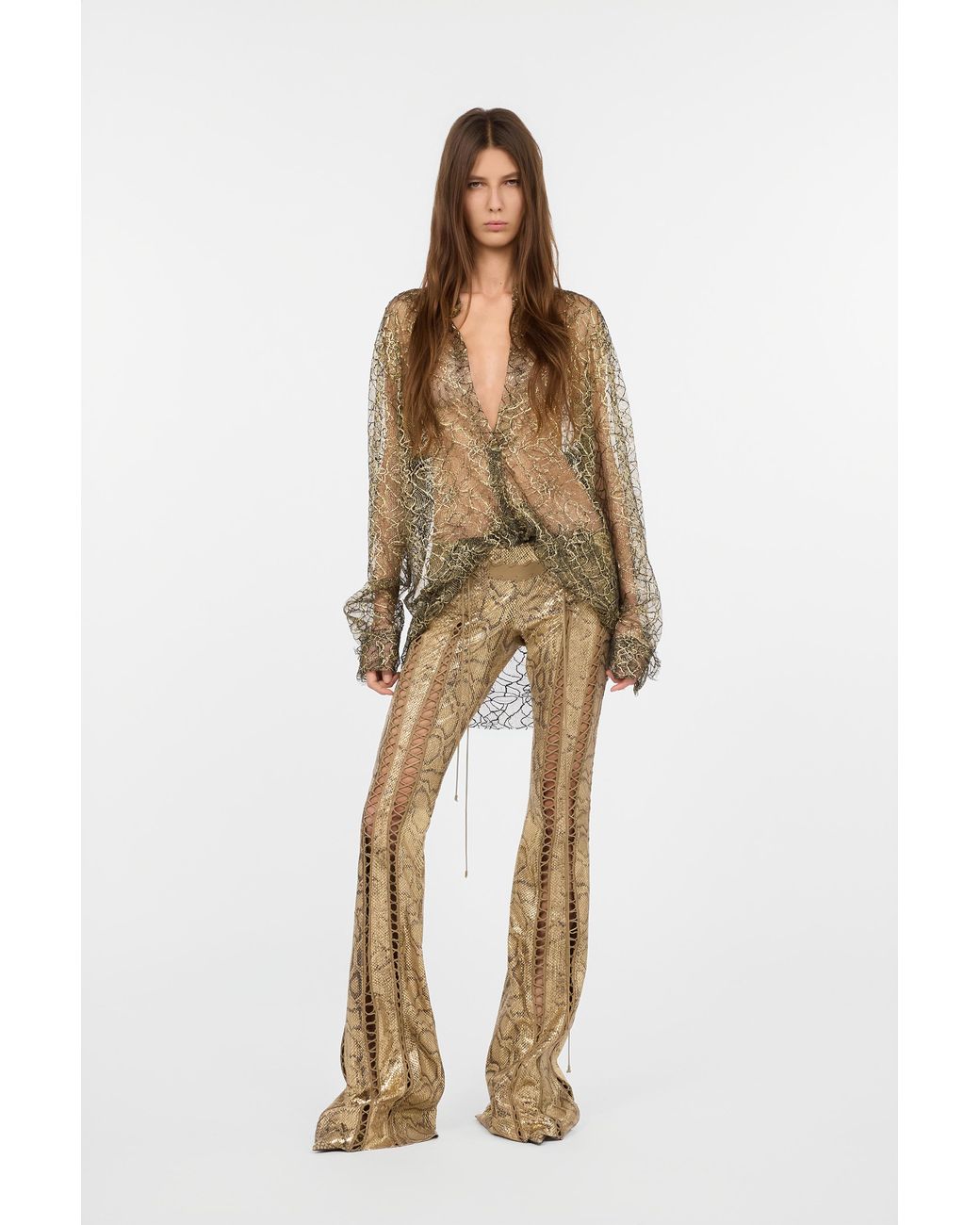 Roberto Cavalli Natural Leather Pants With Python Print And Cut-Out Details