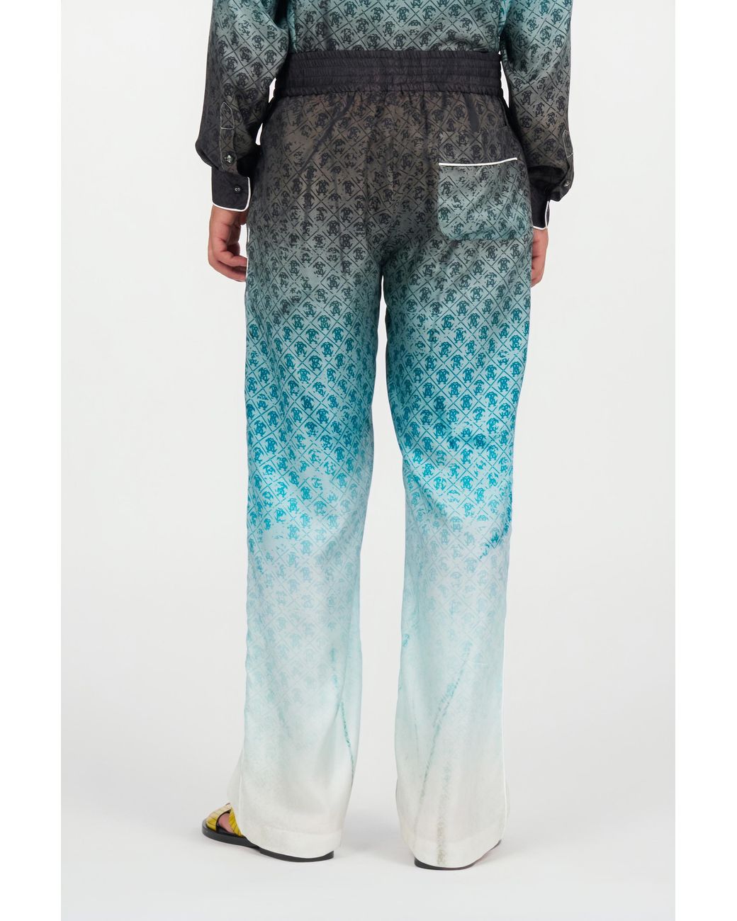 Roberto Cavalli Green Monogram Print Silk Trousers for men
