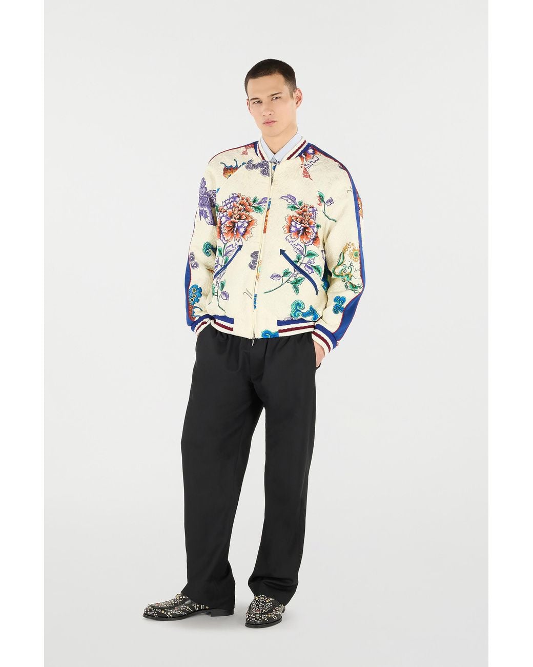 Roberto Cavalli White Bomber Jacket With Dragon, Flowers And Butterflies for men