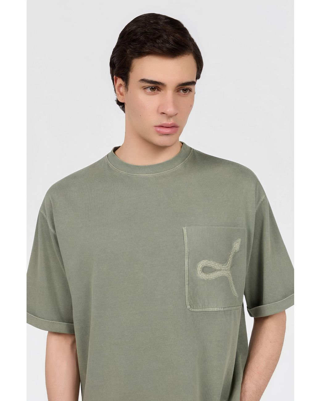 Roberto Cavalli Green Sage T-Shirt With Embroidered Snake for men