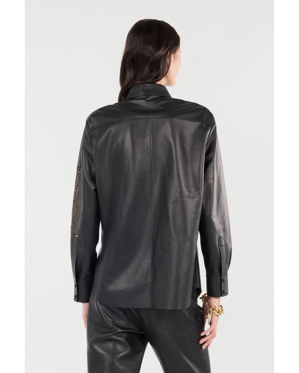 Roberto Cavalli Black Leather Shirt With Perforated Roses