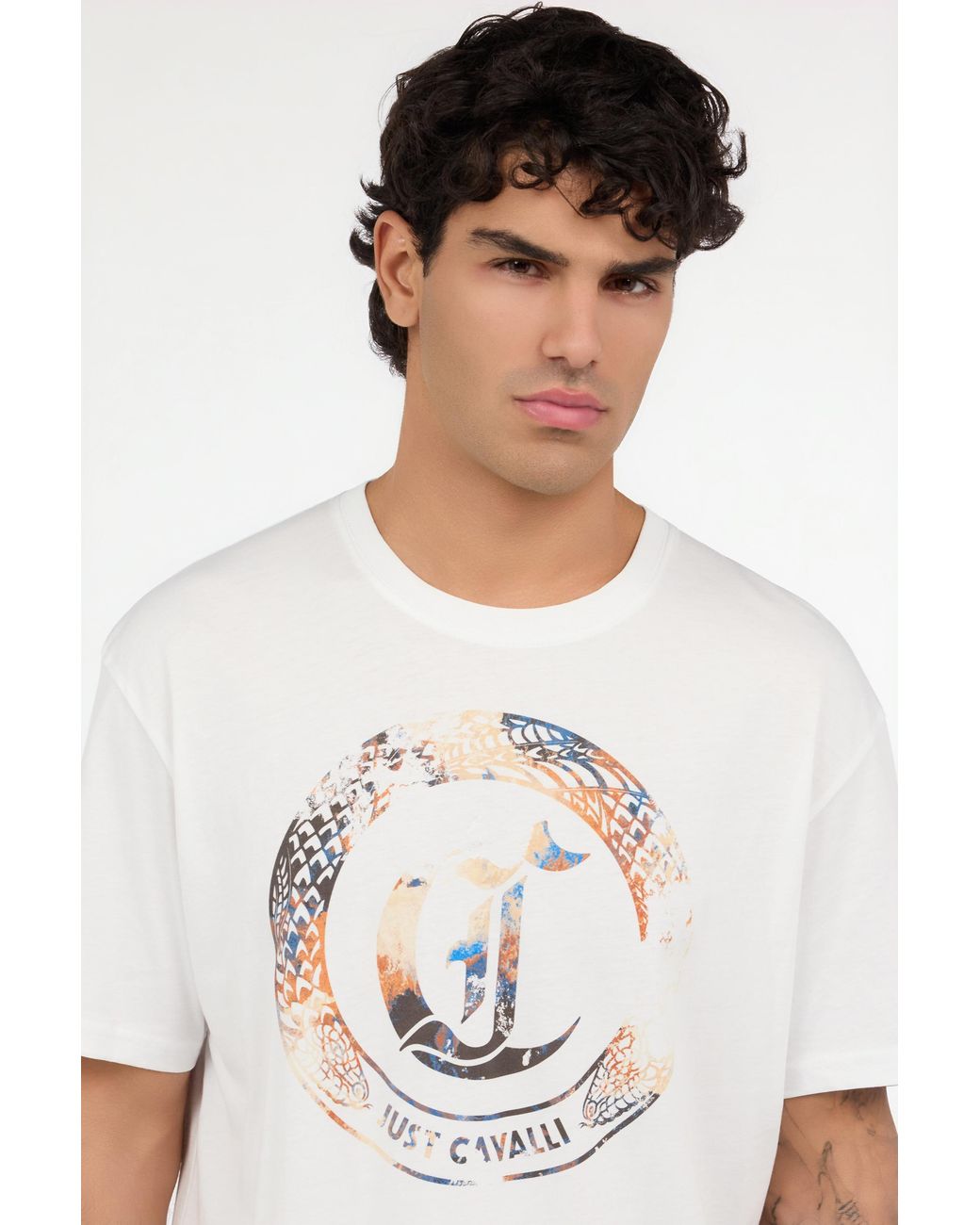 Roberto Cavalli White T-Shirt With Jc Monogram And Logo for men