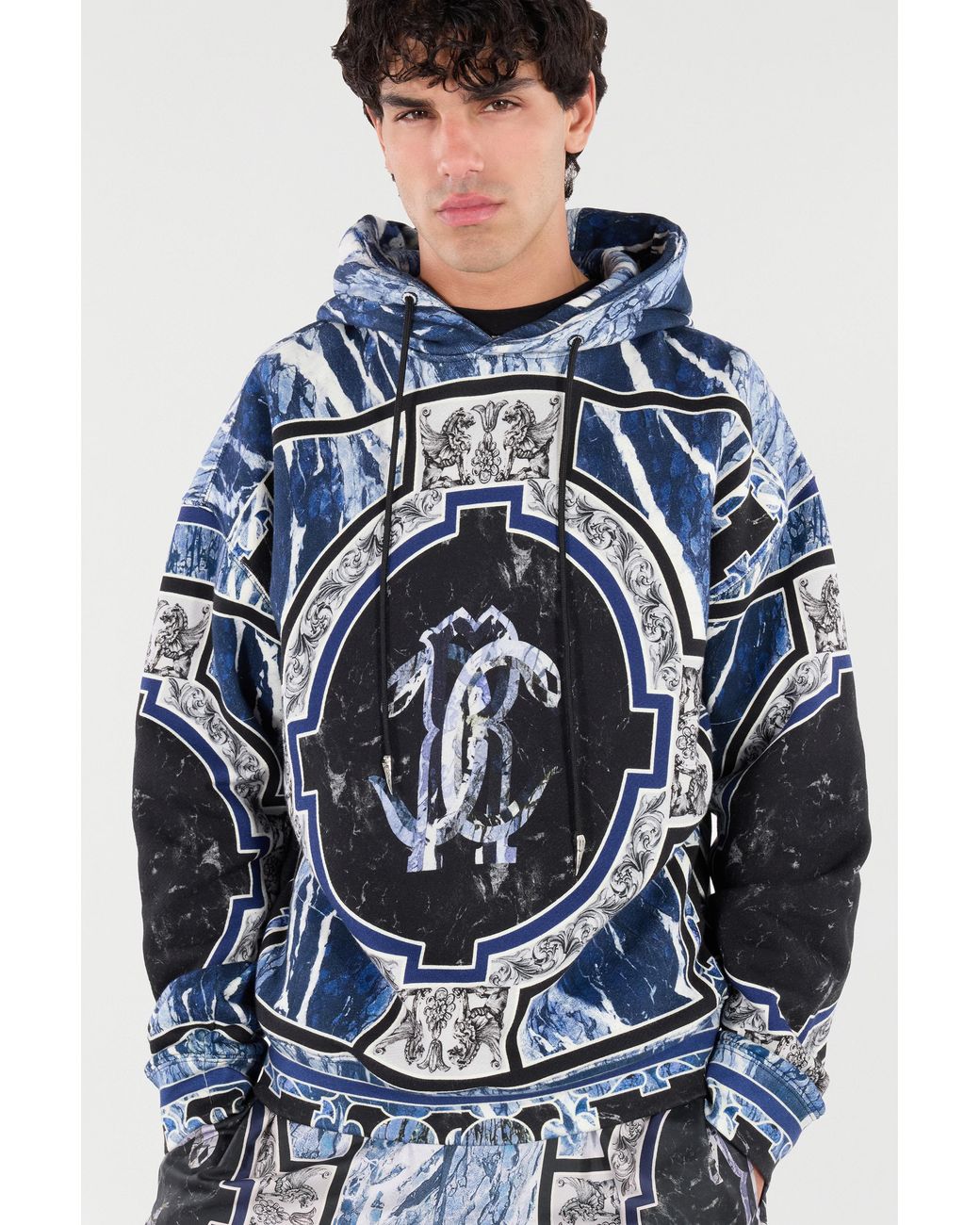 Roberto Cavalli Blue Sweatshirt With Marble Print And Embellishments for men