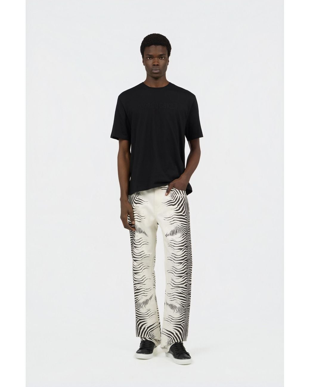 Roberto Cavalli White Zebra Print Denim Jeans for men