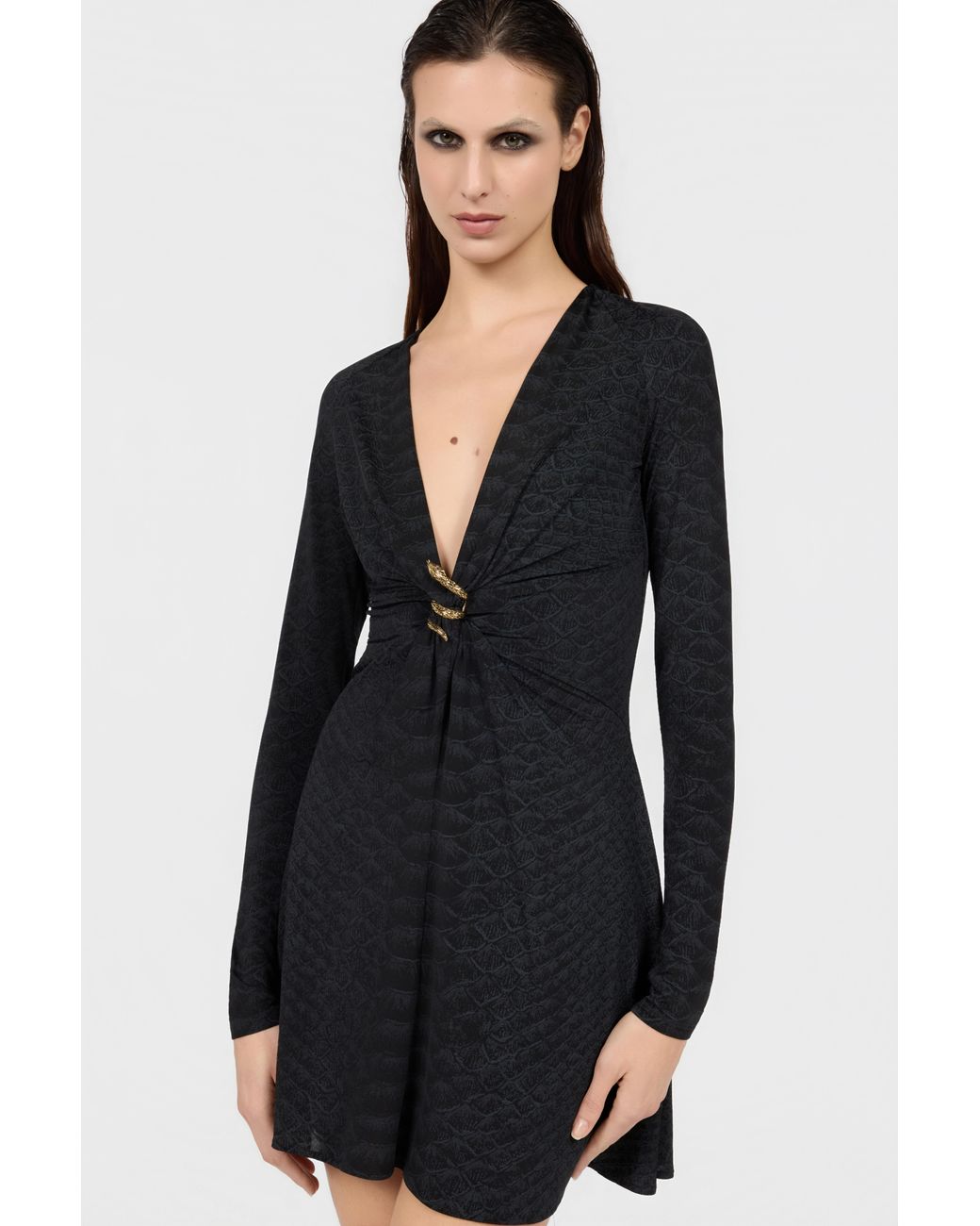 Roberto Cavalli Black Dress With Serpentine Print And Jewel Detail