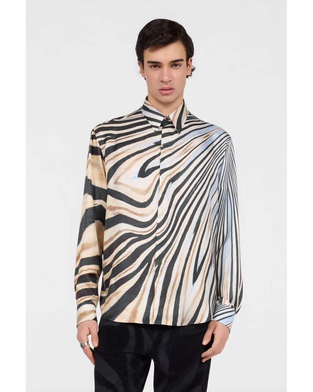 Roberto Cavalli White Silk Shirt With Zebra Print for men