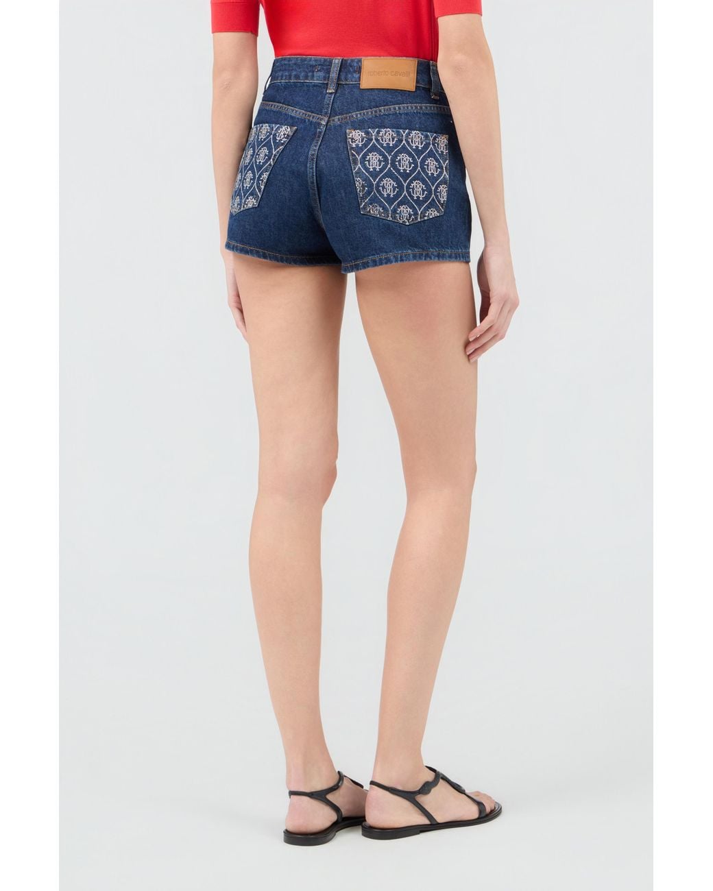 Roberto Cavalli Blue Jeans Shorts With Crystal Monogram Rc
