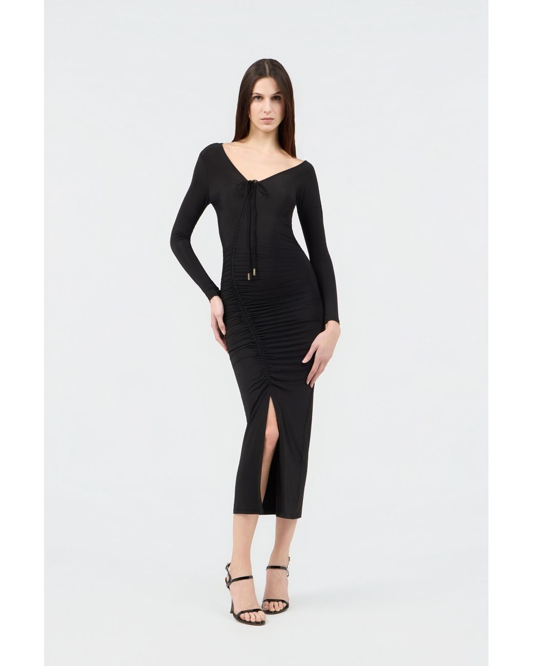 Roberto Cavalli Black Ruched Midi Dress
