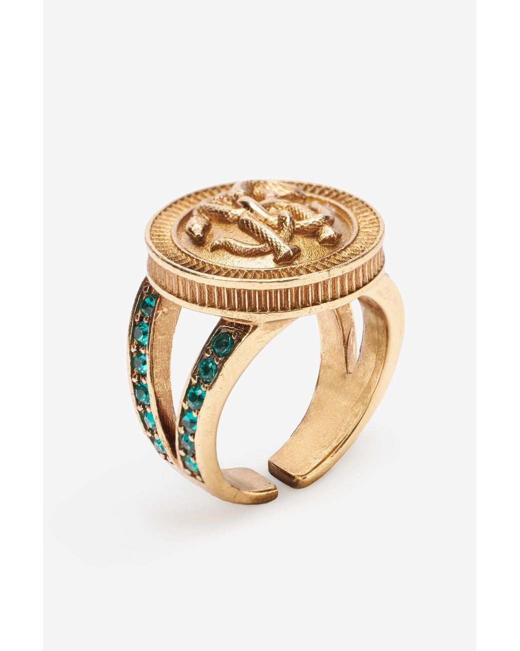 Roberto Cavalli White Ring With Monogram Mirror Snake And Crystals
