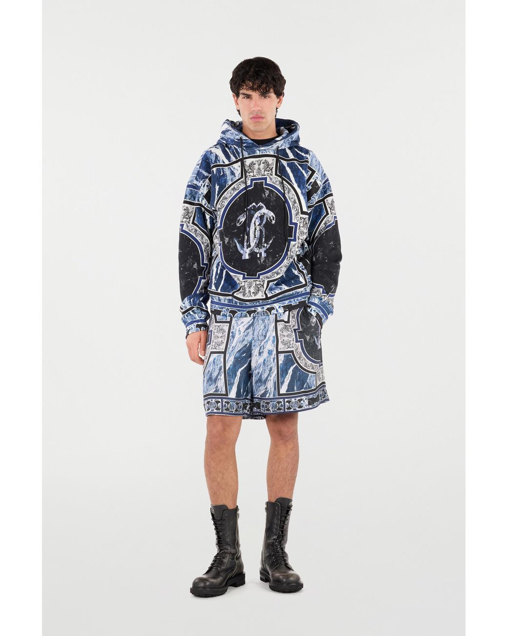 Roberto Cavalli Blue Sweatshirt With Marble Print And Embellishments for men