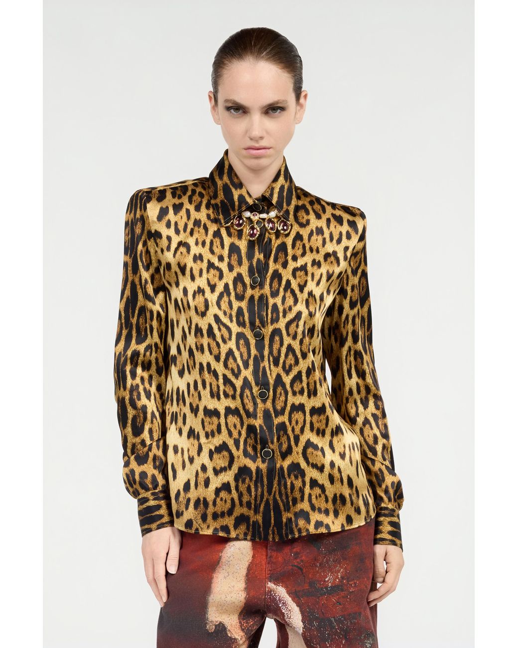 Roberto Cavalli Brown Silk Shirt With Jaguar Skin Print