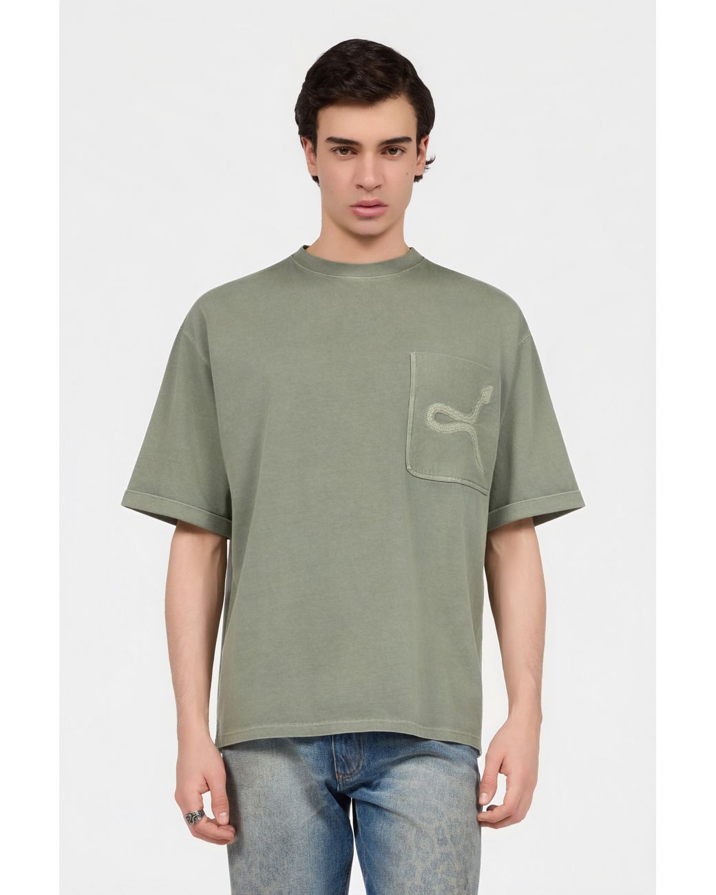 Roberto Cavalli Green Sage T-Shirt With Embroidered Snake for men