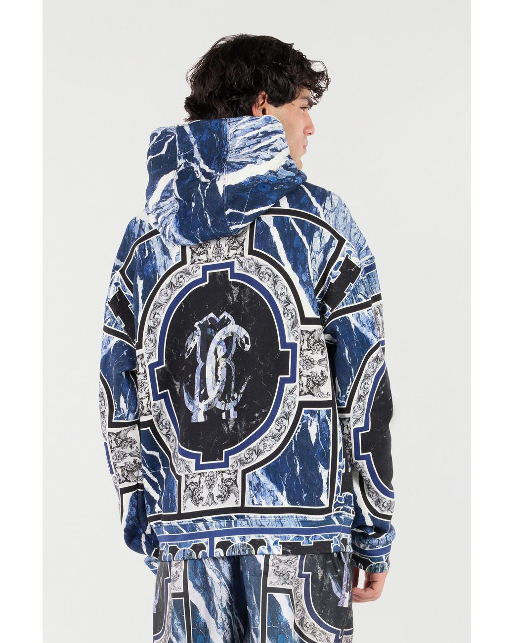 Roberto Cavalli Blue Sweatshirt With Marble Print And Embellishments for men