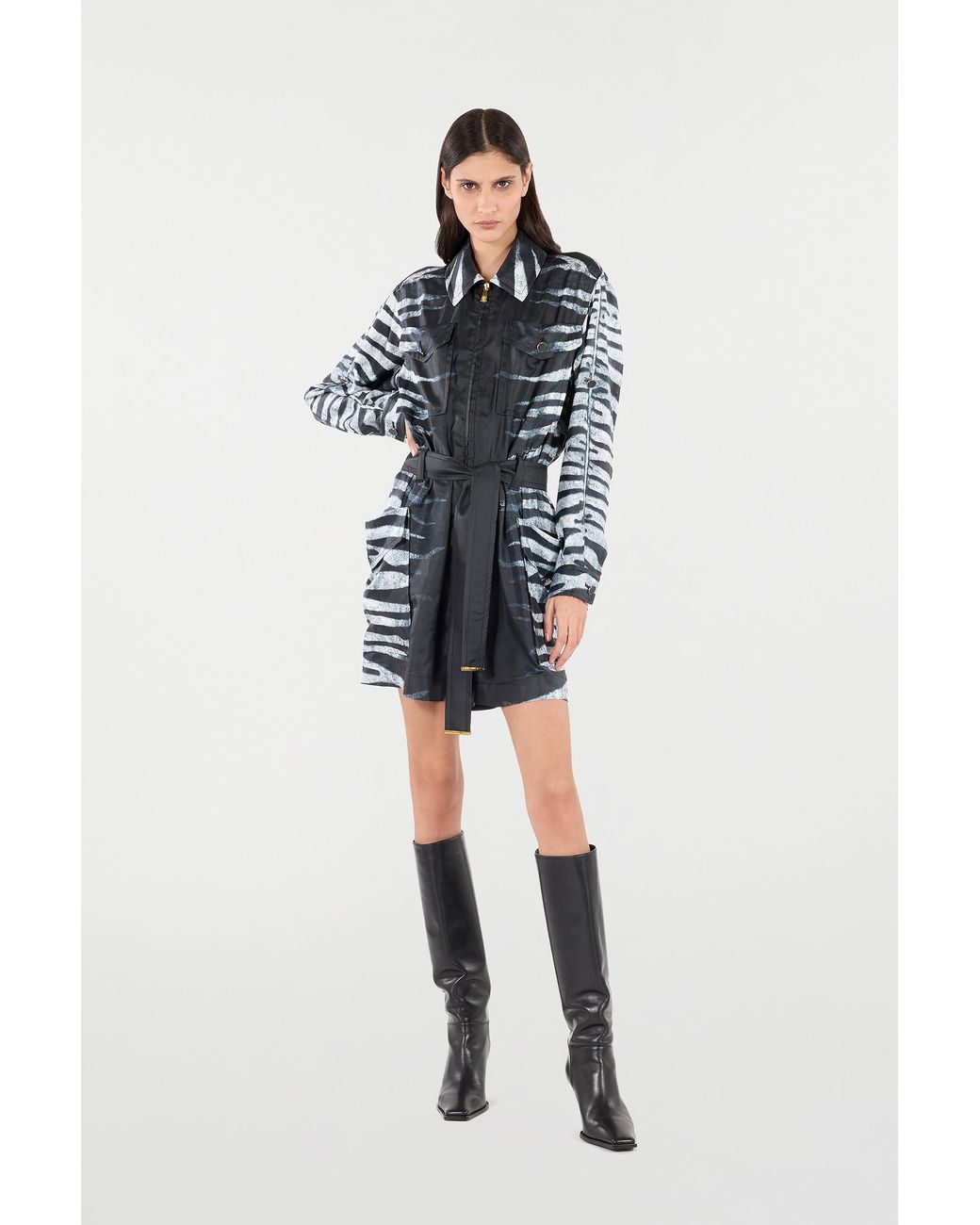 Roberto Cavalli Black Short Silk Dress With Zebra Print