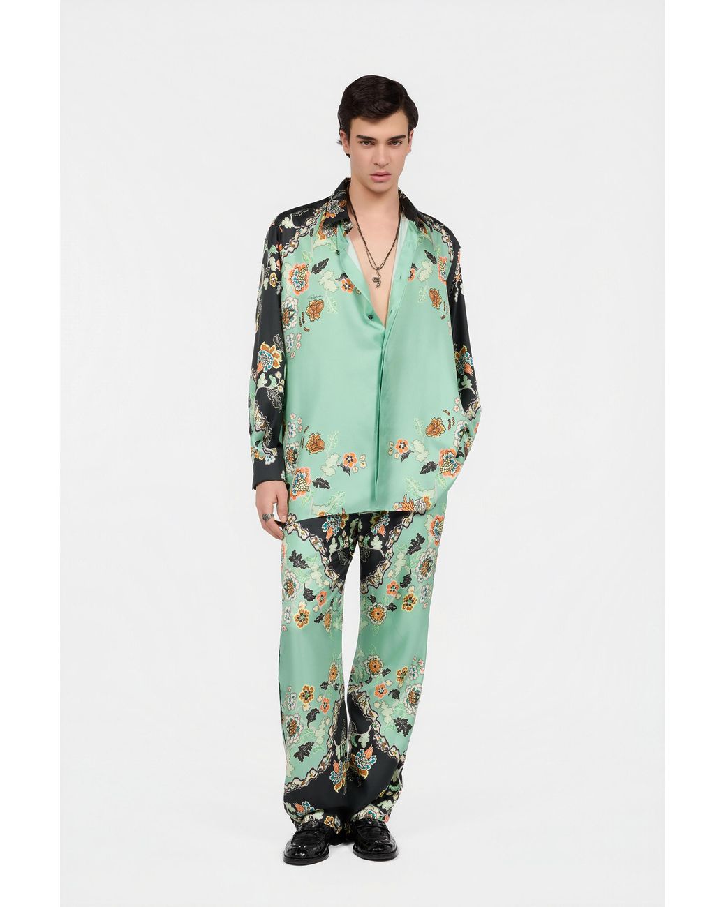 Roberto Cavalli Green Kimono Print Trousers for men
