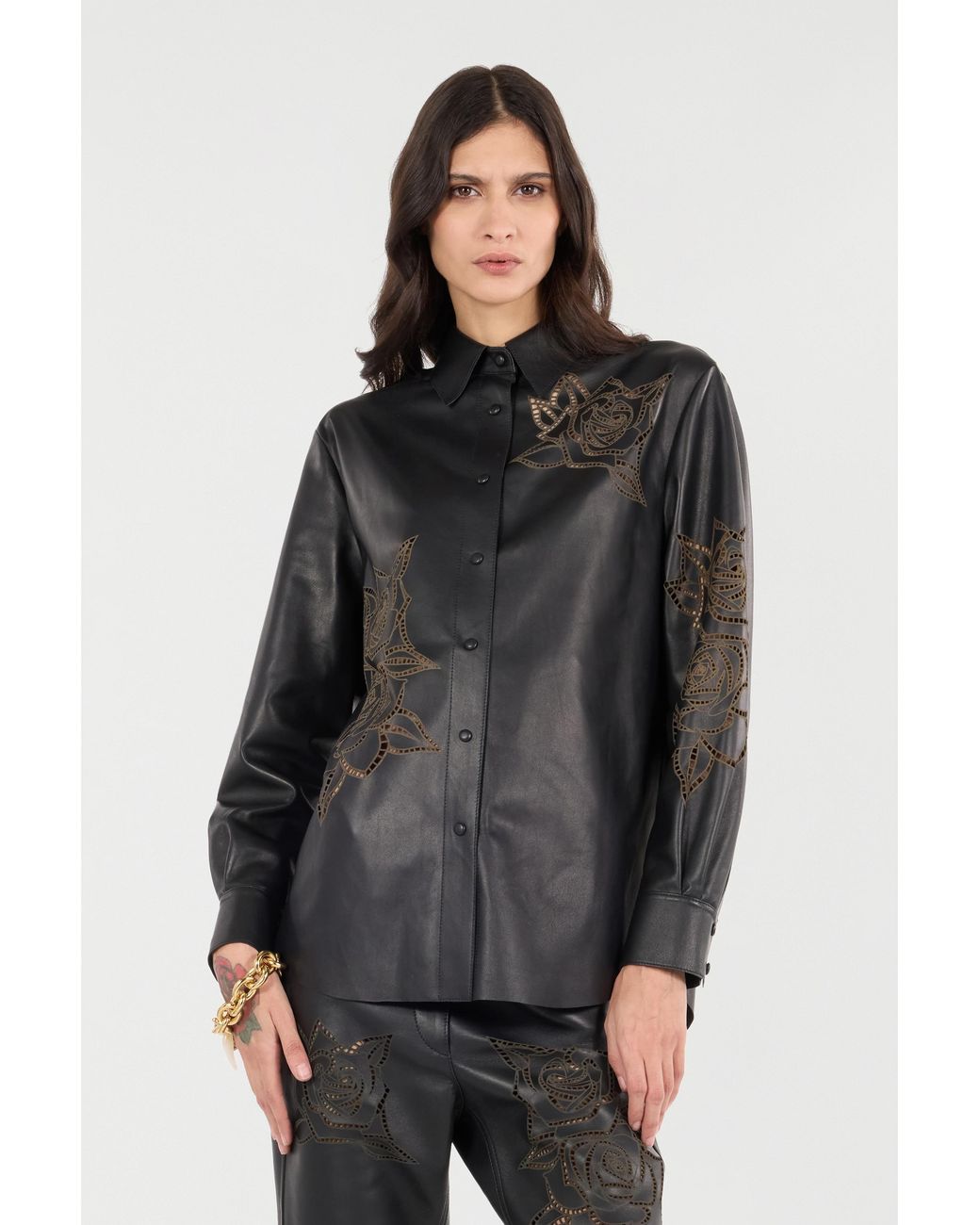 Roberto Cavalli Black Leather Shirt With Perforated Roses