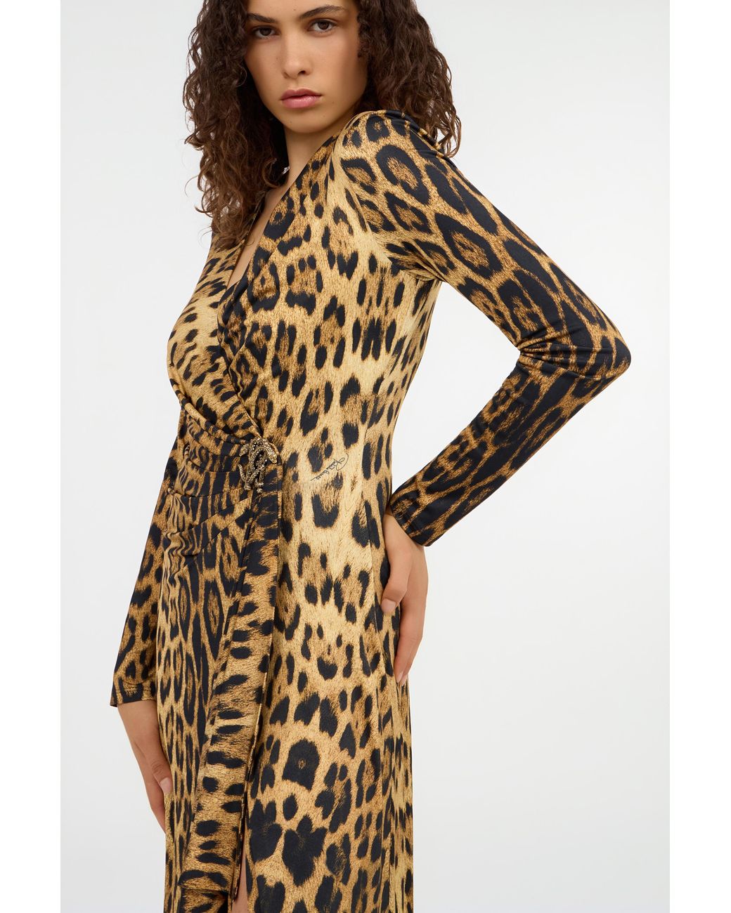 Roberto Cavalli White Jaguar Skin Print Wrap Midi Dress