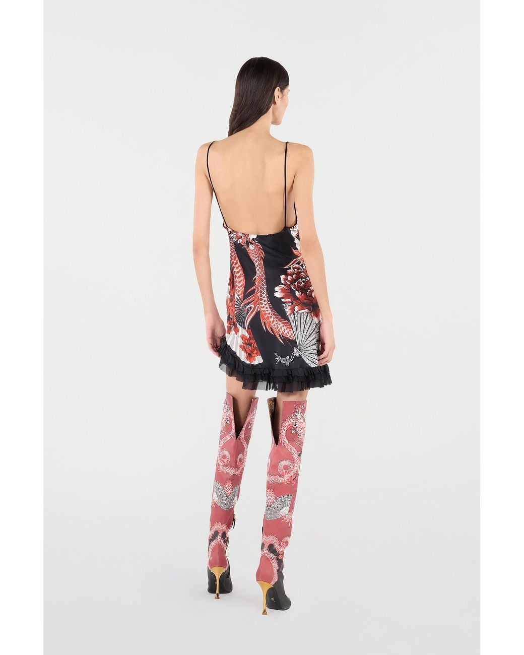 Roberto Cavalli Red Silk Mini Dress With Dragon And Ruches
