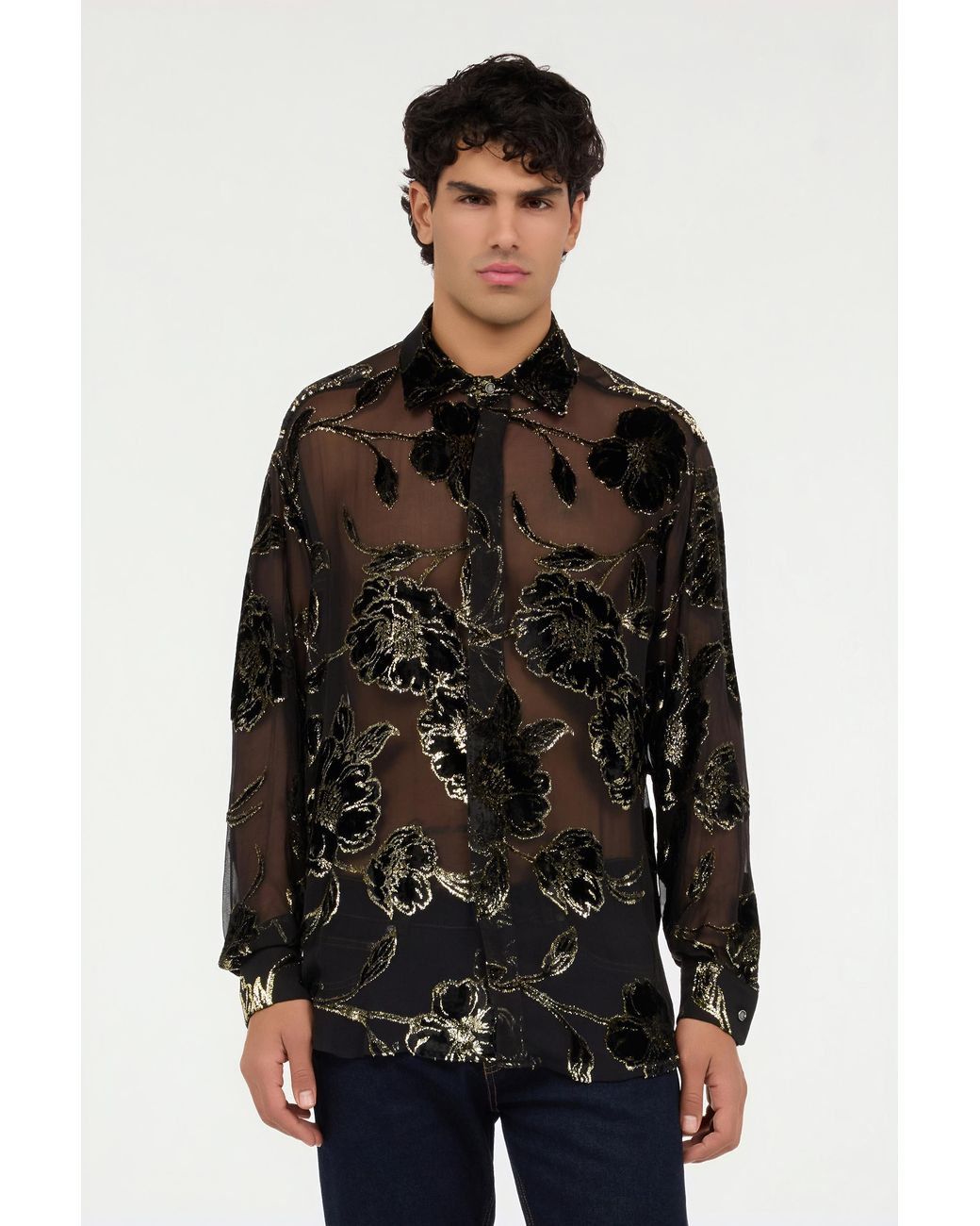Roberto Cavalli Black And See-Through Shirt With Floral Pattern for men