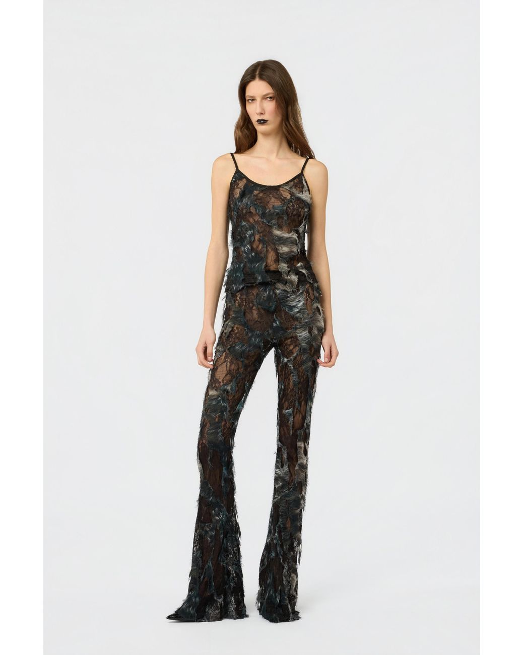 Roberto Cavalli Black Pants With Fur Print On Destroyed-Effect Lace