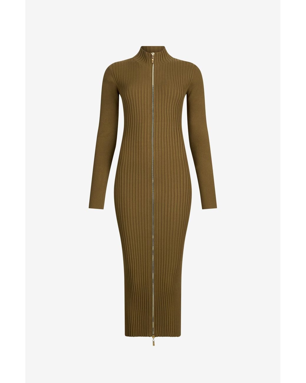 Roberto Cavalli Green Ribbed-Knit Zip-Front Midi Dress