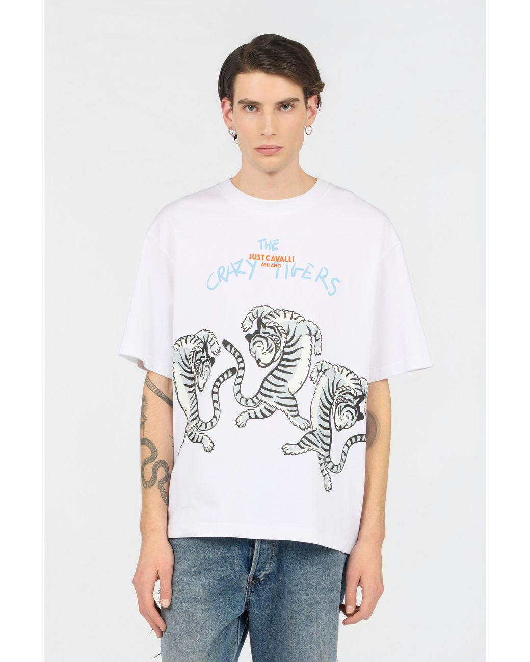 Roberto Cavalli White T-Shirt With Printed Tigers for men