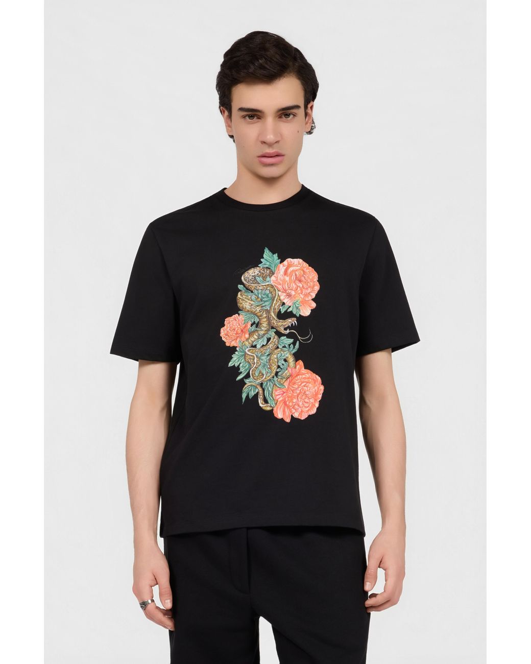 Roberto Cavalli Black T-Shirt With Snake Floral Print for men