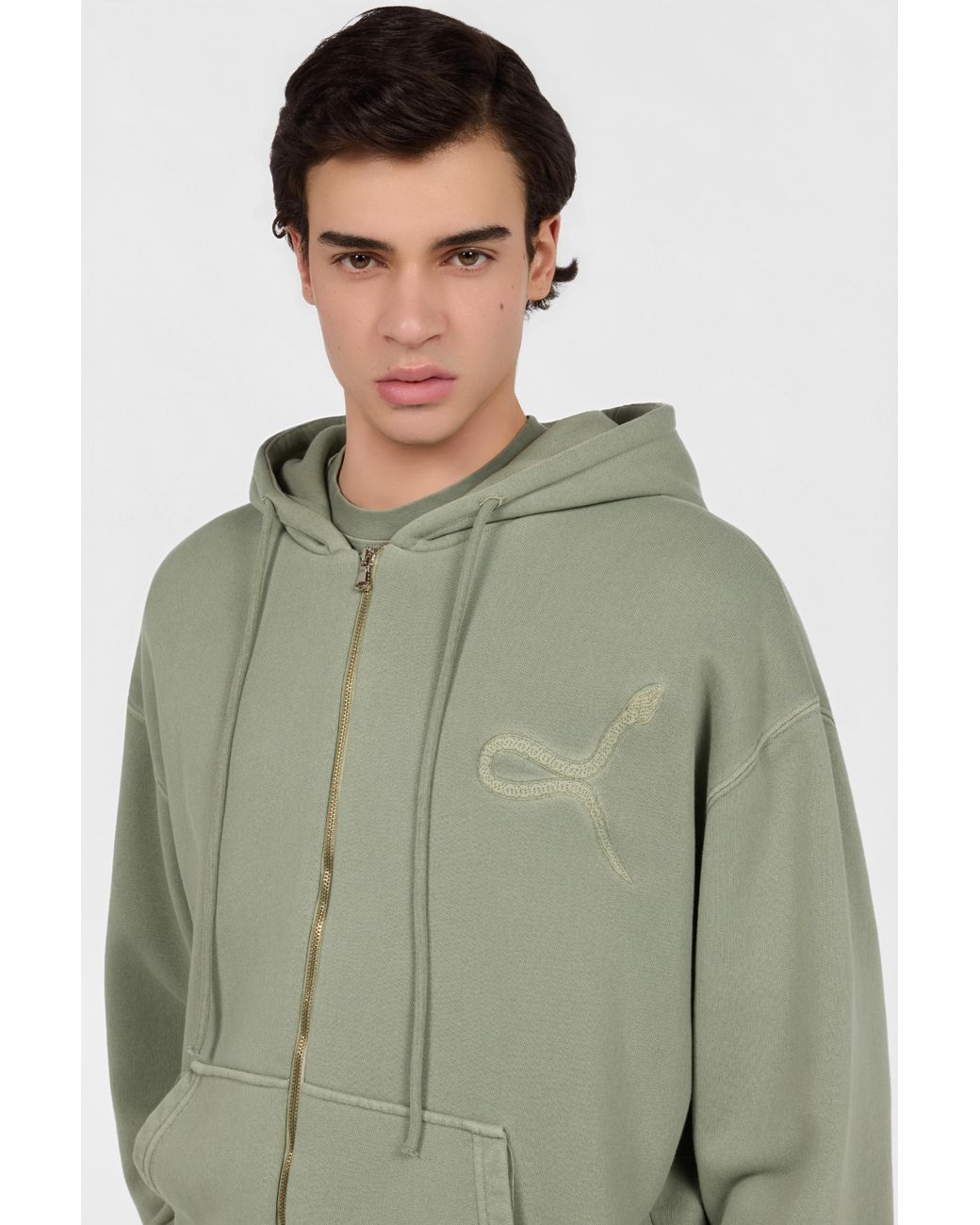 Roberto Cavalli Green Sage Hoodie With Embroidered Snake for men