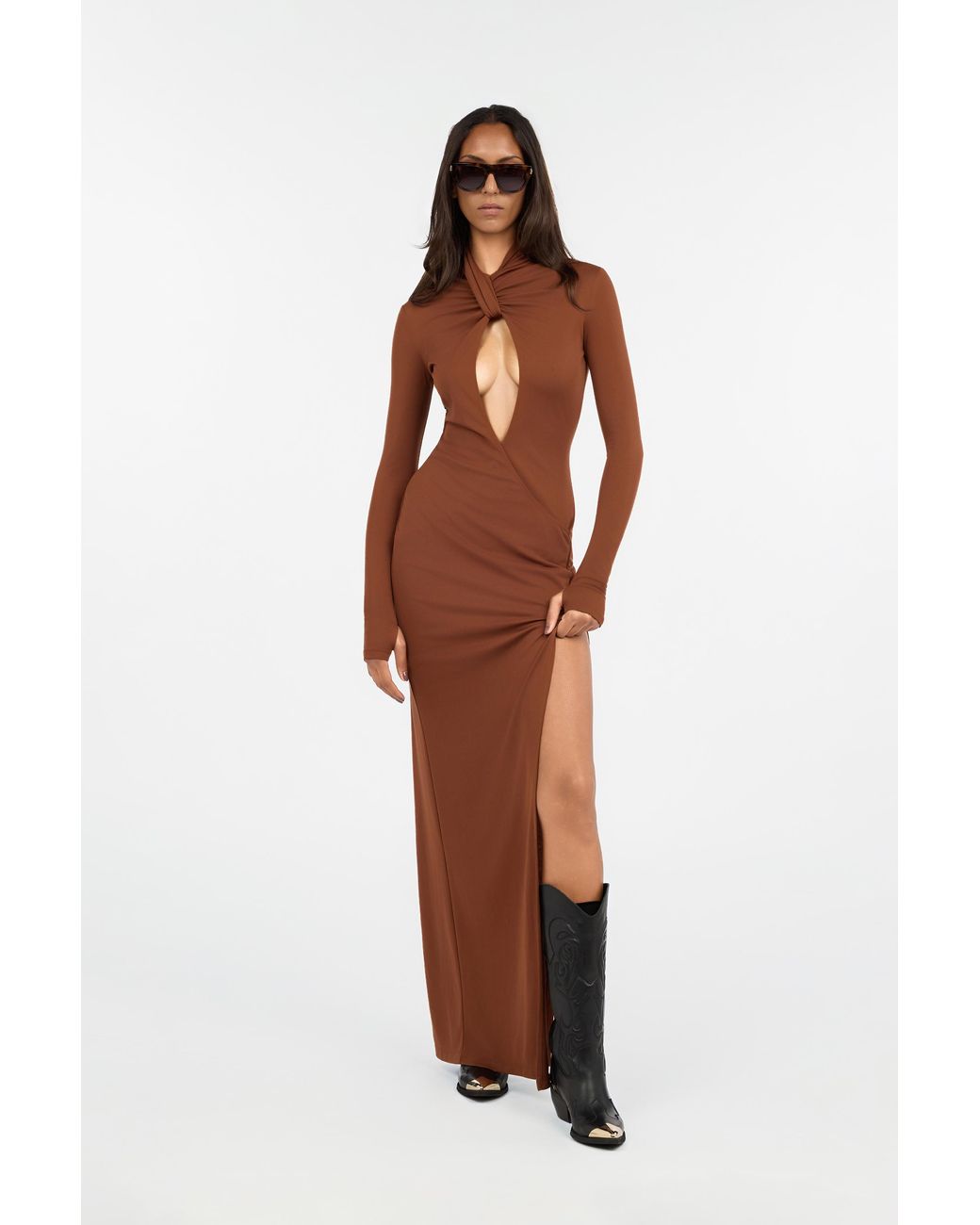Roberto Cavalli Brown Maxi Dress With Twisted Neckline