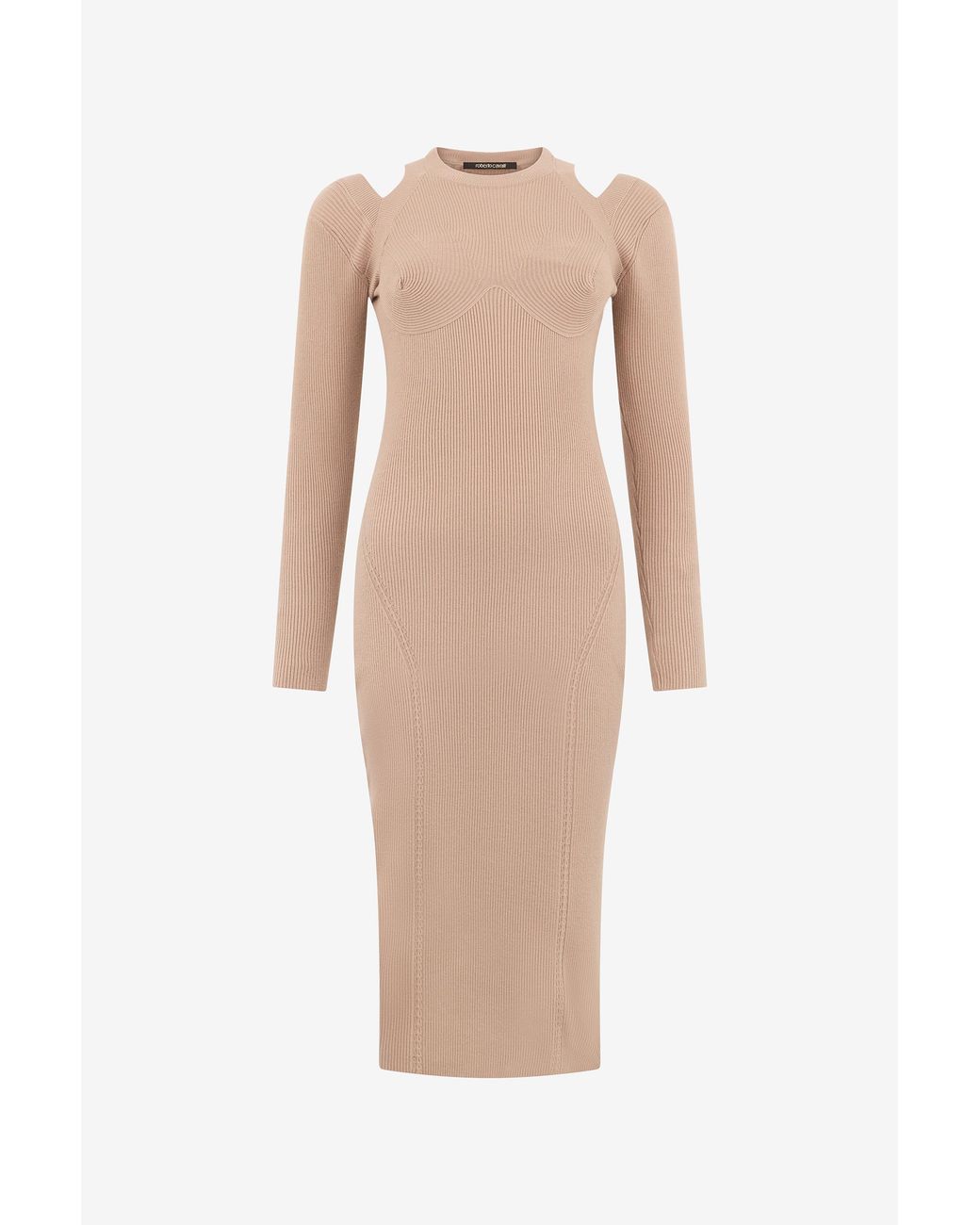 Roberto Cavalli Natural Cut-Out Ribbed Midi Dress