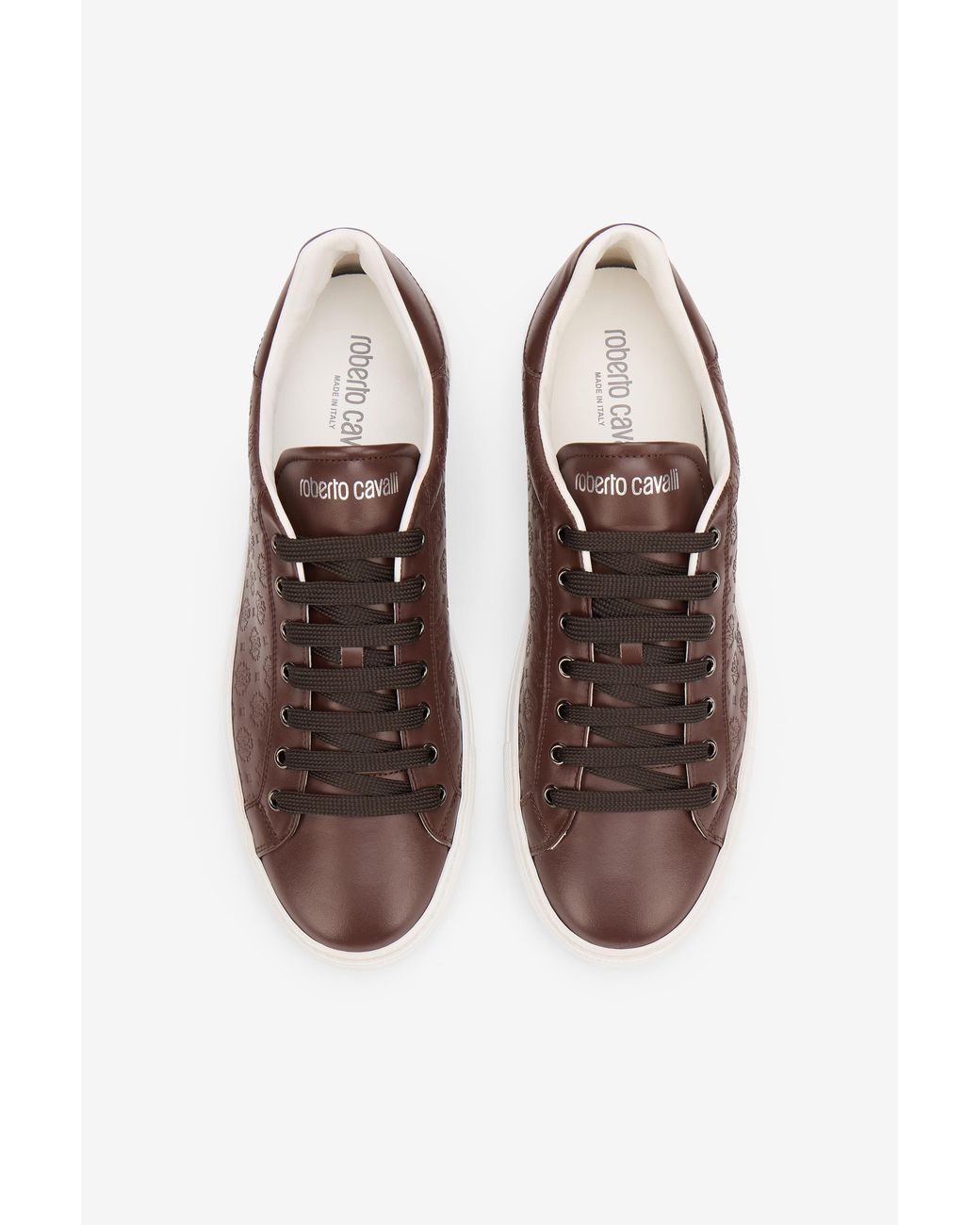 Roberto Cavalli Brown Leather Sneakers With Monogram Pattern for men