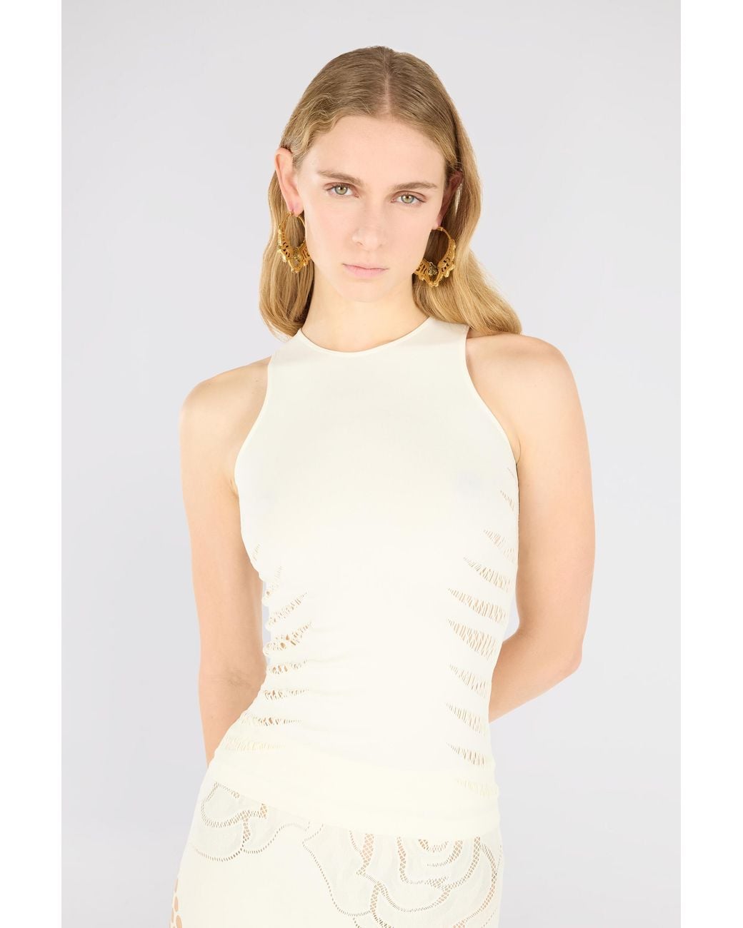 Roberto Cavalli Natural Tank Top With Perforated Zebra Pattern
