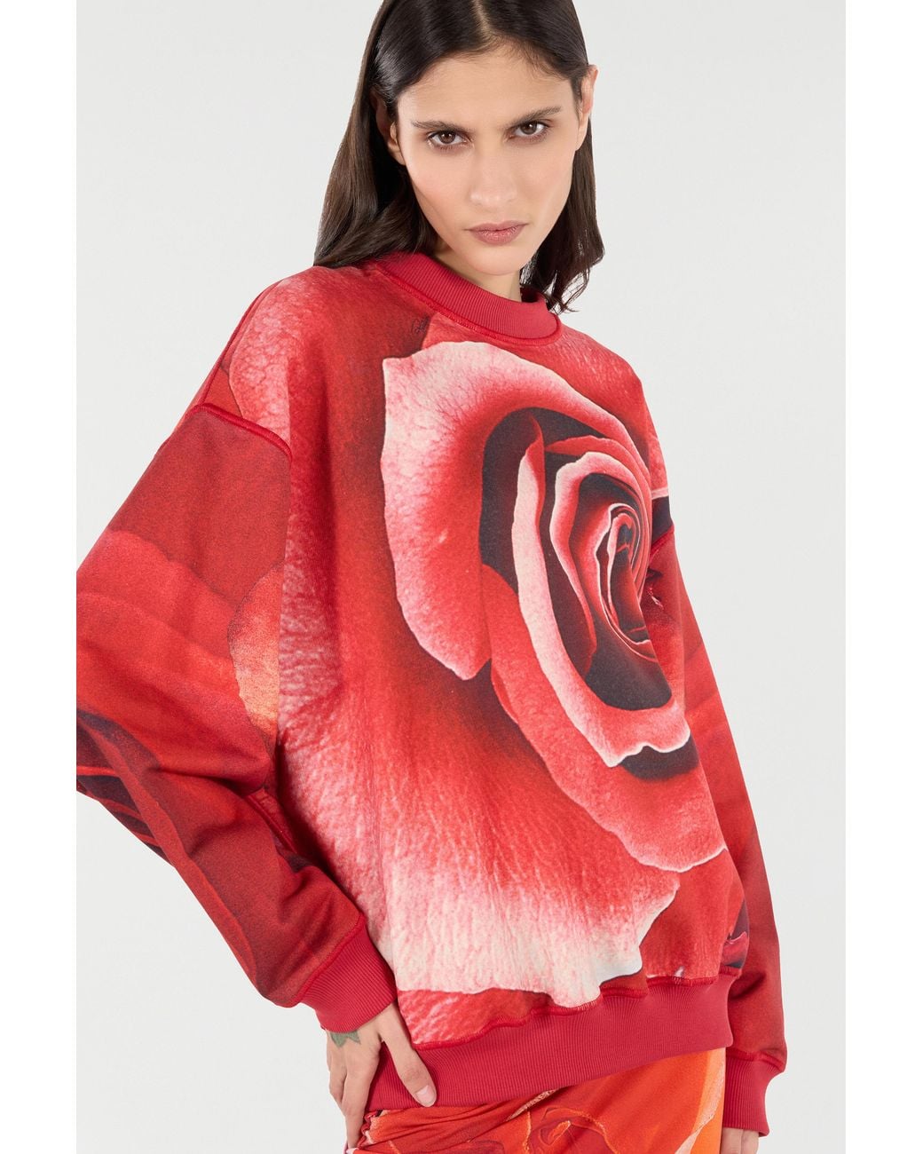 Roberto Cavalli Red Sweatshirt With Maxi-Rose Print