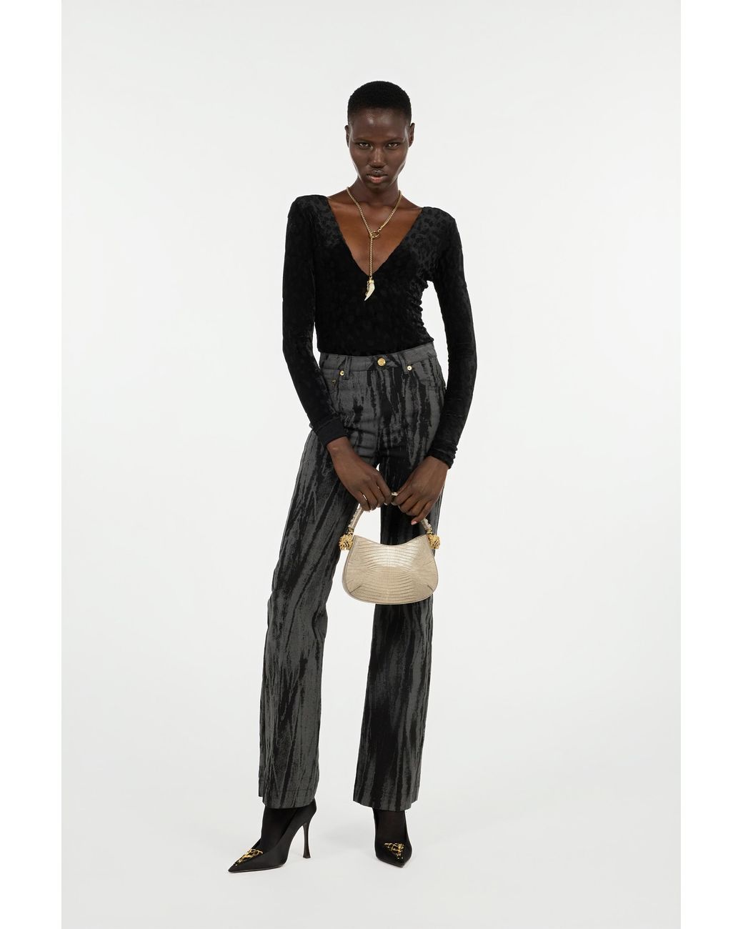 Roberto Cavalli Black Bodysuit With Jaguar Skin Pattern
