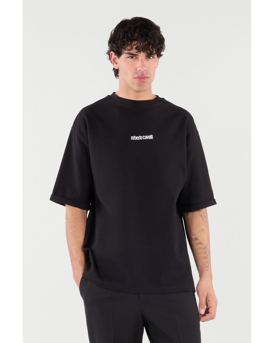Roberto Cavalli Black T-Shirt With Embroidered Logo for men