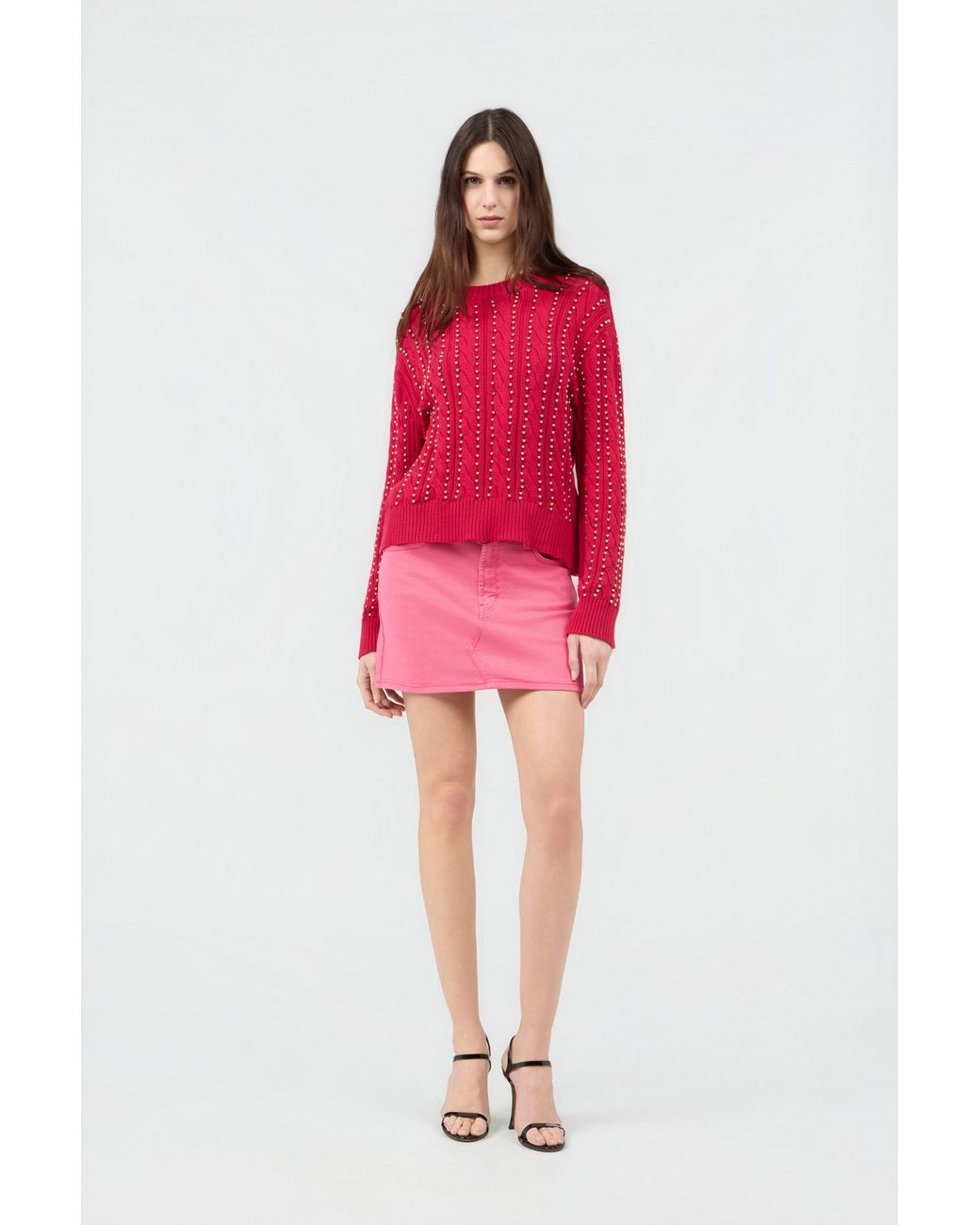 Roberto Cavalli Red Studded Cable-Knit Sweater