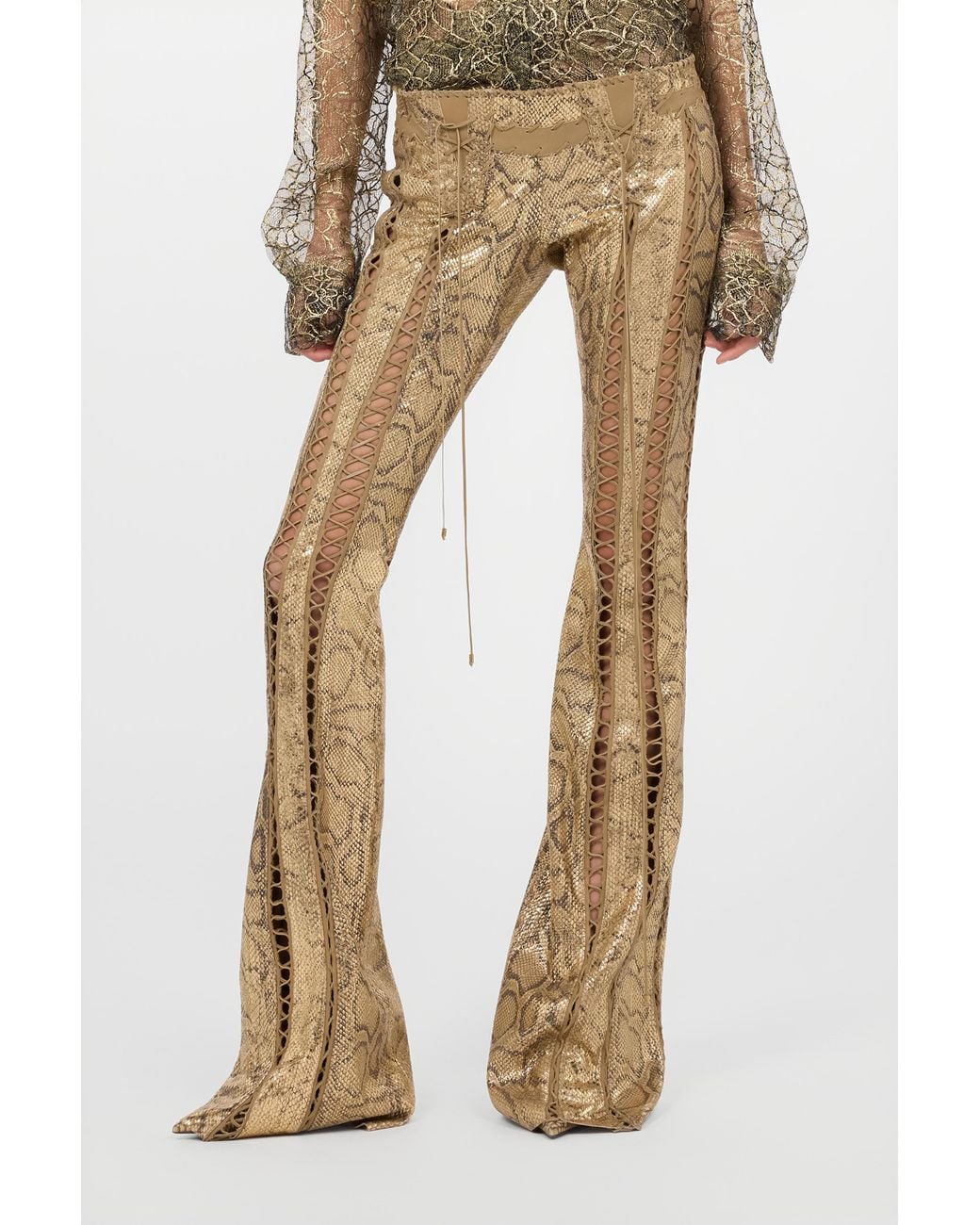 Roberto Cavalli Natural Leather Pants With Python Print And Cut-Out Details