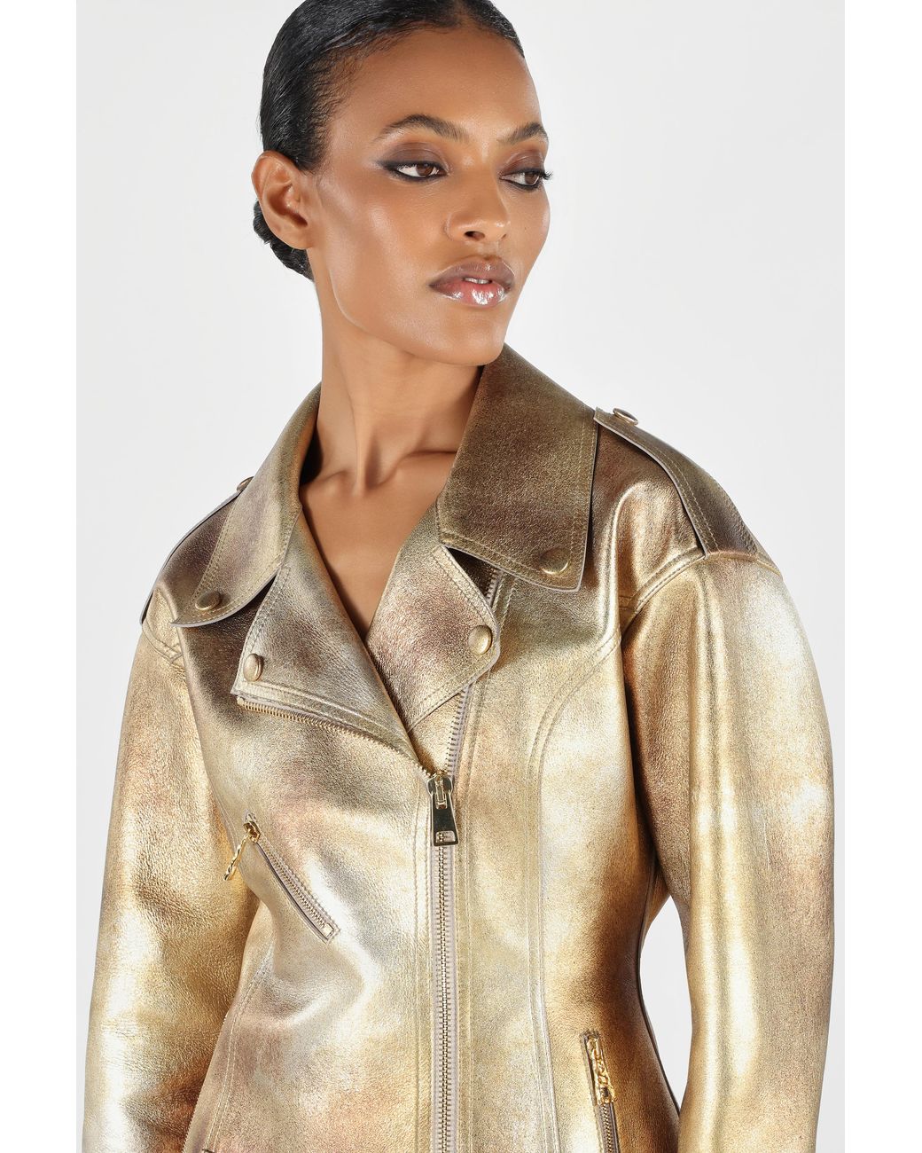 Roberto Cavalli Natural Laminated Leather Biker Jacket