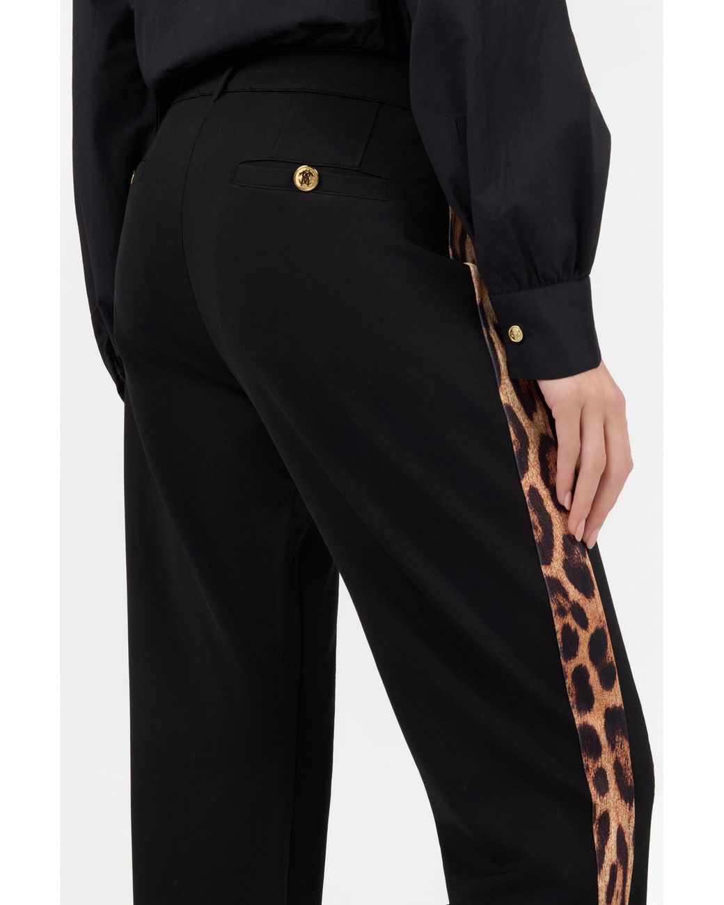 Roberto Cavalli Black Flare Trousers Leopard Side Panels